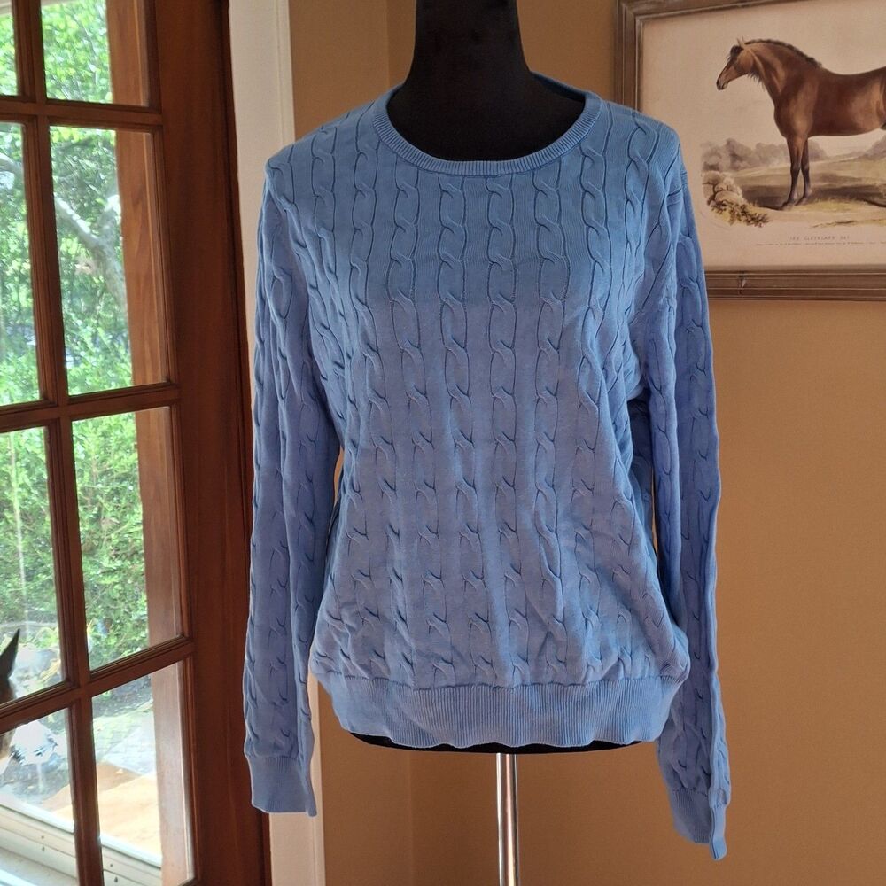 New Women Periwinkle Cable Knit Crew Neck Long Sleeve 100% Cotton Sweater Size L